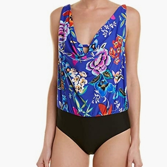 NWT ATHENA~ Plus Size~Mexicano Flower Print Cowl neck Blouson 1 pc Swimsuit~14 - Picture 9 of 9